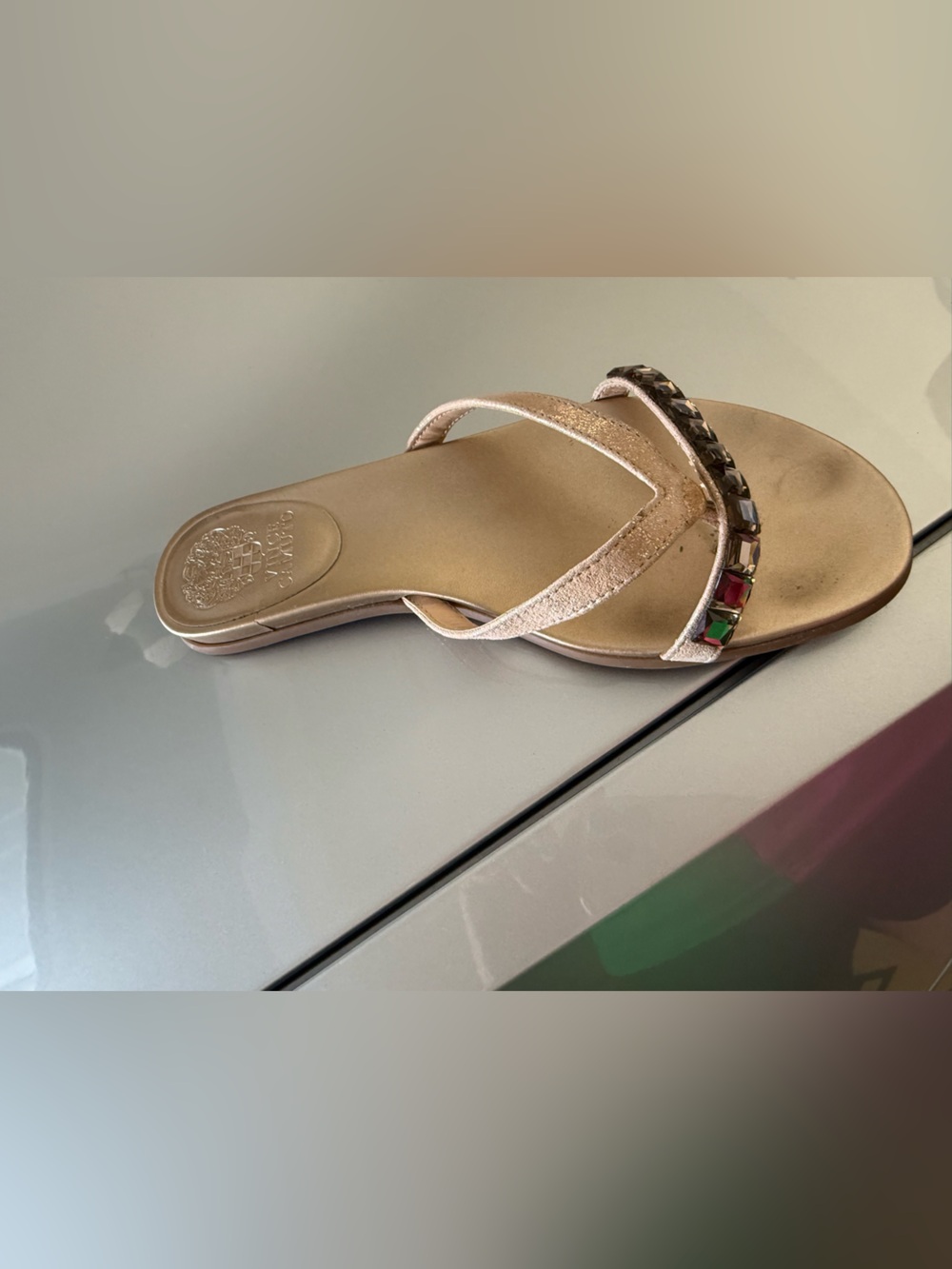 Vince Camuto Metallic Rose Gold Jeweled Thong Sandal